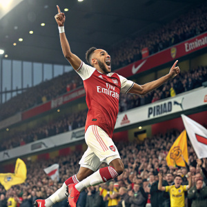 Pierre-Emerick Aubameyang, in a vibrant Arsenal jersey, jumping with joy after scoring a goal. Crowd in the background