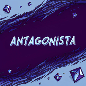 Digital artwork featuring the word 'Antagonista' in sleek, modern font. Light blue background. Tiny geometric shapes float around the text.
