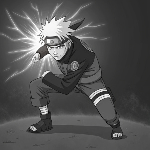 Naruto Uzumaki, young ninja, crouching in fighting stance. Detailed black and white illustration. Dark background with glowing chakra.