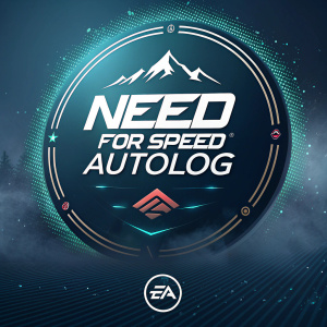 Digital artwork featuring Need for Speed Autolog. Dark, glossy background with game logo front and center. Subtle, sleek aerodynamic forms and small, intricate patterns. EA logo positioned at the base.