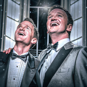 Neil Patrick Harris and Jason Segel laughing at the Oscars after-party. Glamorous backdrop