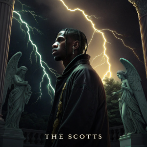 Digital art for 'The Scotts' album cover featuring Travis Scott. Dark background with glowing lightning bolts, angelic statues, text and barcode at bottom