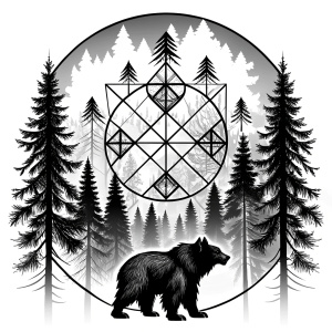 vegvisir runes geometric symbol - bear and trees - tattoo design - perfect realistic art - high-definition - grey and black - white background 