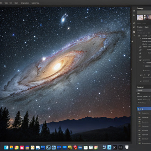 Adobe Photoshop interface showcasing a detailed image of the Andromeda galaxy at night. User-friendly design