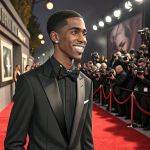 Christian Combs at the 'Bobby Brown Story' premiere. Wearing a black tuxedo, flashing a confident smile. Red carpet with paparazzi in the background.