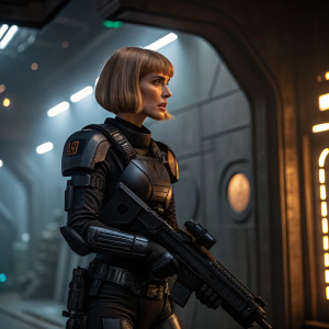 Caucasian woman action figure with bob haircut. Wearing sleek, armored combat suit. Holding a high-tech weapon. Dimly lit sci-fi scene