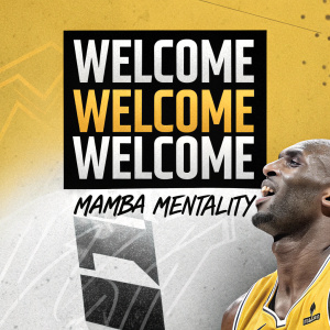 Kobe Bryant, digitally rendered, on NBA 2K21 cover. Yellow and black color scheme. Large text 'Welcome Welcome Welcome' at top. Below, details about Mamba Mentality