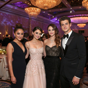 Francia Raisa, Greg Finley, India Eisley, Shailene Woodley, and Daren Kagasoff at a gala event. Lavish setting, vibrant decor, elegant attire.