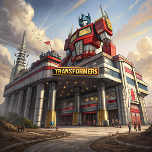 In the heart of Cybertron, towering over the metallic landscape, stands Optimus Prime's fortress. Its exterior gleams with a mix of vivid red, golden accents, and sleek metallic shades. Pillars of power support its vast expanse, and the iconic Transformers logo shines proudly. Surrounded by a barren, ashen terrain, this architectural marvel exudes an air of invincibility.