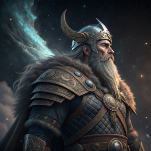 3D model of a male viking warrior. Long gray beard, detailed face. Dark, cosmic background