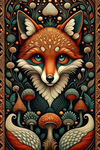 I want a carpet pattern with a fox in the middle. Let the fox worm also appear. keep your eyes blue. Have mushrooms in the background. Add more mushrooms