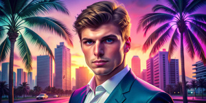 Max Verstappen lookalike photorealistic, Art Deco, mid80s television series Miami Vice. The setting is 2024 Miami.