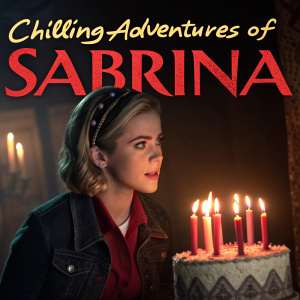 Promotional poster for 'Chilling Adventures of Sabrina'. Sabrina, the Teenage Witch, depicted on a birthday cake. Divided into two panels showcasing her dual nature: one side in modern casual attire, the other in vintage witch costume. Dark color palette with warm candlelight hues, creating a mysterious and enchanting atmosphere.