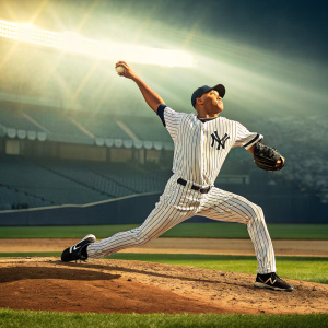 Mariano Rivera in a dramatic pitching pose, uniformed with Yankees pinstripes. Sunny stadium background with green outfield