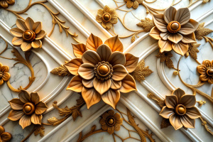 3D printable ceiling interior wallpaper with white luxury brown flowers, silk and marble background for wall