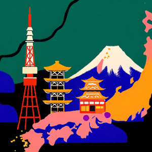 Pixel art map of Japan, featuring iconic landmarks like Tokyo Tower and Mount Fuji. Vibrant color palette