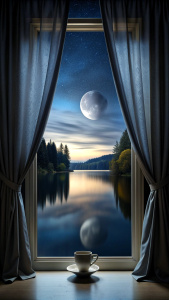 dark night window open curtain, coffee, full moon, still water, forest, dark night, midnight black 