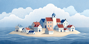 White illustration, Rene magritte style, isolated surrealistic collage of a lot of old Swedish houses and trees on island, huge ocean and big sky, light pastel colors, asymmetrical composition, zoom out view, grainy texturing paper