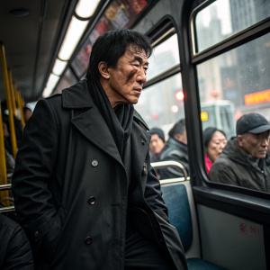 Jackie Chan, wearing a black trench coat, looking tired with visible injuries. Scene from the film 'The Foreigner', set on a crowded bus in a bustling city.