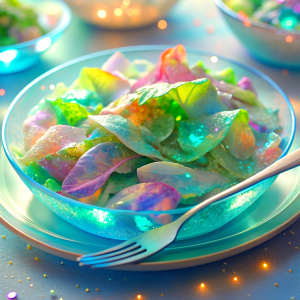 
 close light pastel  very much glitter sparkly intense crystal effect fantasized glam Sprinkle Tableware vegan salad   in the plate Shimmering Bioluminescent fairytale masterpiece  Magical Holographic  Glossy Bioluminescent iridescence  Shimmering Holographic   Foil Glossy Patent Spandex Vinyl  