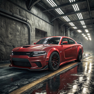 A striking red Dodge Charger SRT Hellcat Redeye Custom Widebody parked in an industrial tunnel. Flooded with bright linear lights, showcasing its powerful front grille and sleek aerodynamic body.