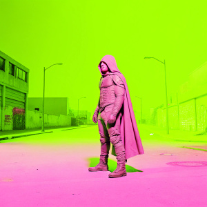 Oscar Isaac in full Moon Knight costume, standing alone on an abandoned city street at night. Dark and gritty atmosphere, illuminated only by faint streetlights. No colors, only shades of grey. Background of dilapidated buildings and graffiti