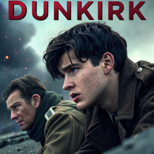 Movie poster for 'Dunkirk'. Featuring actors Fionn Whitehead and Tom Hardy. Title in bold red letters. Dark and moody background