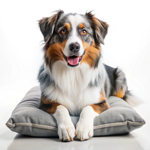 Adorable Australian Shepherd dog with pillow lying at home on white background