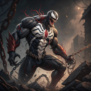 Digital 3D render of a muscular Venom-inspired character from the Marvel Comics universe. In a fierce battle stance. Black and white, red accents. Fanged mouth. Surrounded by broken chains and rubble. Chaotic and intense atmosphere. Dark background.