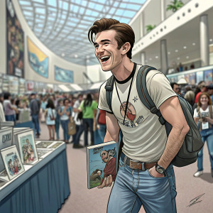Drake Bell, in casual attire, attending Comic-Con. Wearing a t-shirt and jeans, laughing with fans. The venue bustling with attendees.