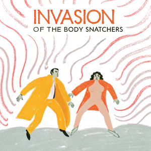 Dynamic movie poster for Invasion of the Body Snatchers. Kevin McCarthy and Dana Wynter in dramatic pose. Bold red and black color scheme, stark grayscale elements