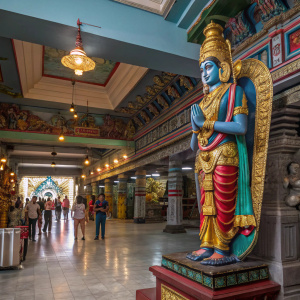 Intricate statue of a Hindu deity at a bustling temple in Malaysia. The deity is adorned with vibrant gold, blue, and red attire. Positioned on a raised platform inside the Raja Mariamman Temple.