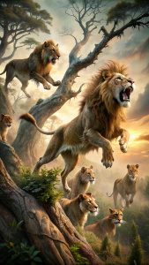 A group of fierce lions running and jumping among many trees, and ahead of them, the fierce lion, the leader, jumping over a wooden branch of the tree.