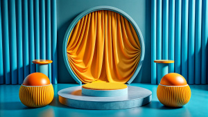 Blue 3d Podium Background and Fabric Curtain at Luxury