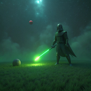Lord Darth Vader playing tennis on a green field, a rocket in the form of a light sword, a spaceship standing in the distance