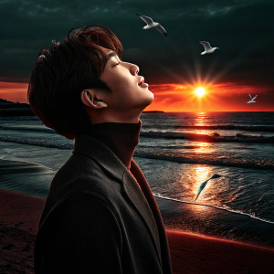 Seo Kang Joon, wearing a black turtleneck, standing on a sandy beach. Sunset in the background, creating a warm, orange glow around him.