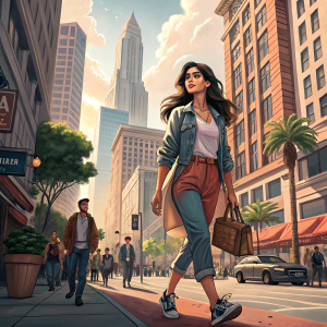 Emeraude Toubia on the bustling streets of Los Angeles, walking confidently. She wears a casual outfit and is surrounded by cityscape.