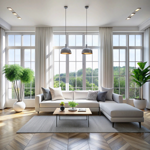 красивая современная белая комната с диваном и большыми окнами