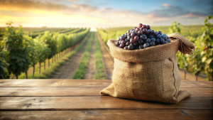 grape harvest in jute sack back on wooden table with blurry crop farm background