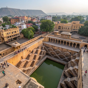 Aerial view of the Panna Meena Ka Kund stepwell. Located in the bustling city of Jaipur, Rajasthan, India.