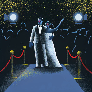 Danny Nucci and Terre Bridgham, dressed in evening attire, celebrating at the Westwood Premier Gala. They embrace on a bustling red carpet surrounded by flashing cameras.
