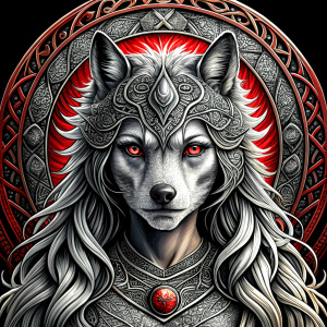 Nordic Godness Ylva She-Wolf - perfect realistic art, high-definition grey and black, white background tattoo design