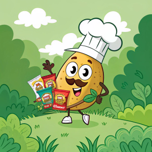 Cartoony mascot of Mister Potato Chip, in a vibrant green setting. Wearing a chef's hat, holding a variety of flavored chips, including Cheese, Sour Cream & Onion, Original, Barbecue, and Hot & Spicy.