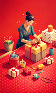 gift making illustration in red bg