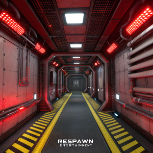 Digital art scene from Apex Legends. Futuristic corridor with red lighting. Respawn Entertainment logo visible. Yellow and black striped floor. Piping and panels lining walls.