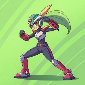Shantae from Megaman ZX Advent. Standing in a fighting pose. Wearing a futuristic outfit. Digital illustration on a neon green background