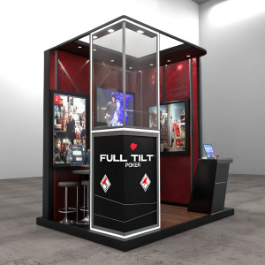 Promotional stand for Full Tilt Poker. Sleek, modern desk setup with transparent glass enclosure. Dark tones, vibrant red accents. Poker players on dynamic screens. Eye-catching brand design.