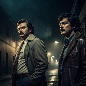 Promotional poster for Narcos. Pablo Escobar and Javier Peña, dressed in 1980s attire, standing in a dimly lit street. Dark and moody atmosphere with shadows and subtle lights casting over them.