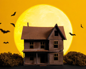 Haunted House 3D Halloween  Halloween background with full moon and creepy house. Halloween background with full moon, creepy house and flying bats.
