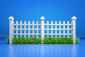 barrière jardin blanche, horizontale, simple, fond bleu
